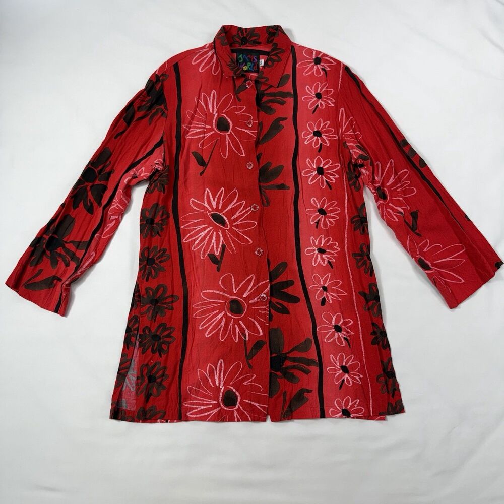 Jams World Jolie Red Floral Button Front Blouse XS Retro Resortwear Coastal